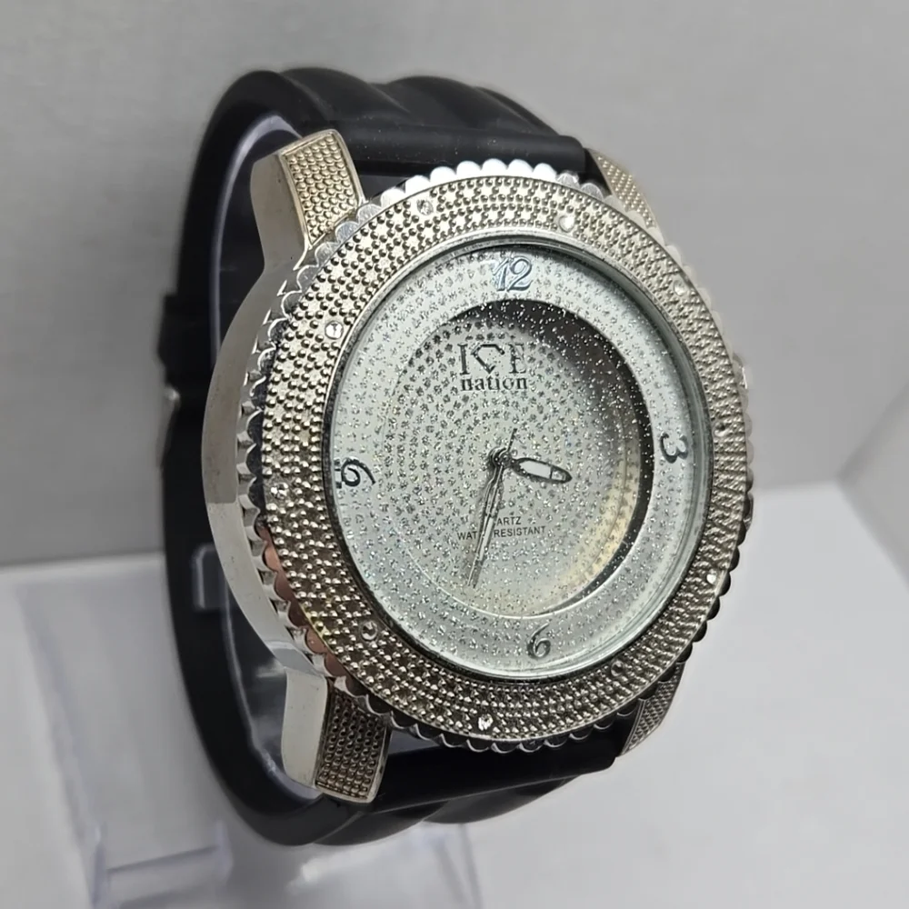 Mens Ice Nation SF-1030 Faux Diamond Dial Watch Silver Tone New Battery